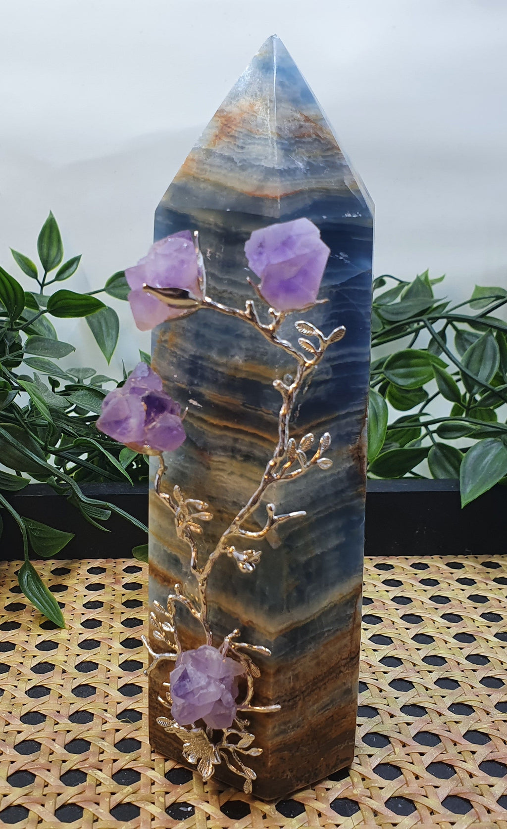 Blue Onyx Tower with Amethyst Flowers