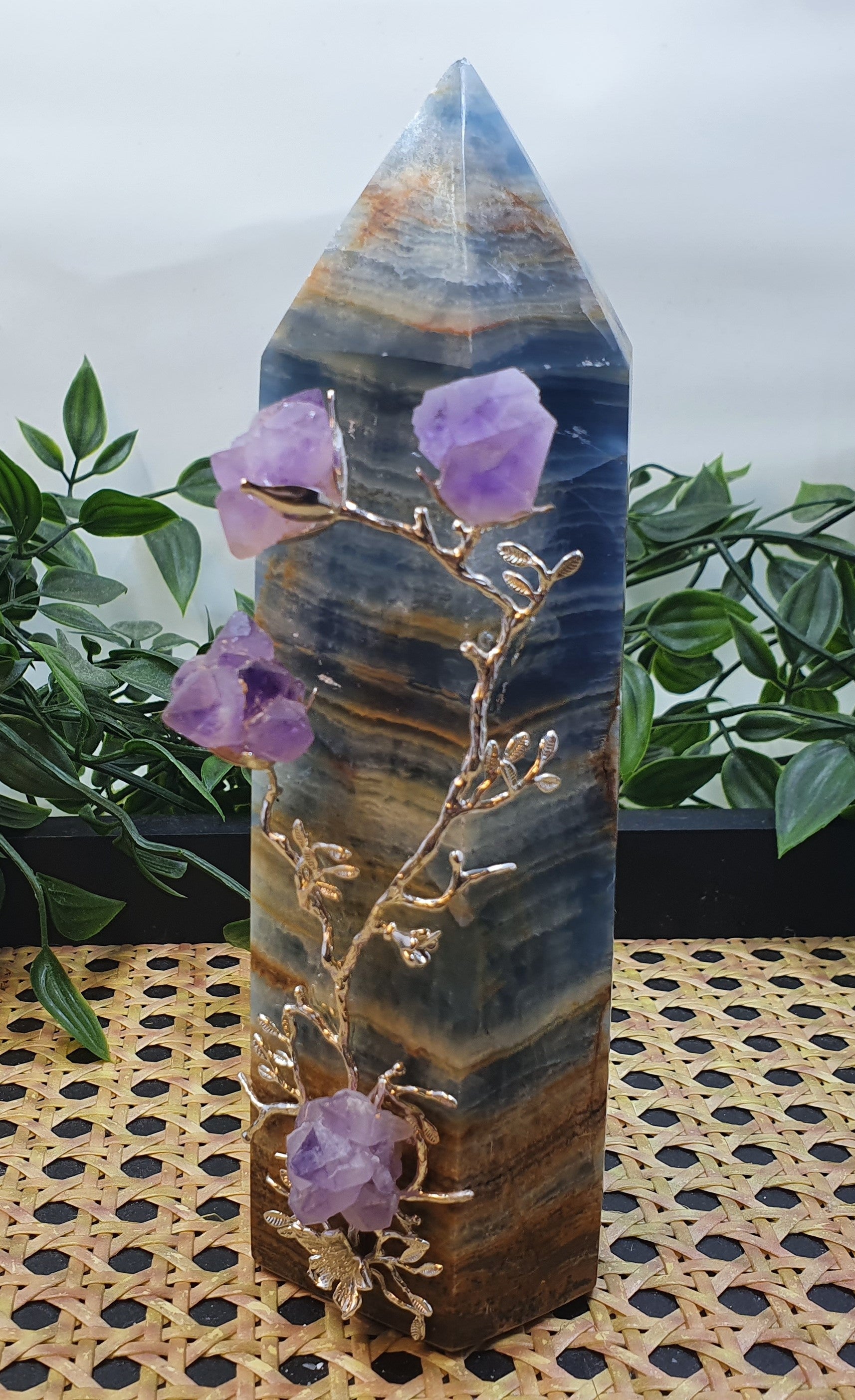 Blue Onyx Tower with Amethyst Flowers