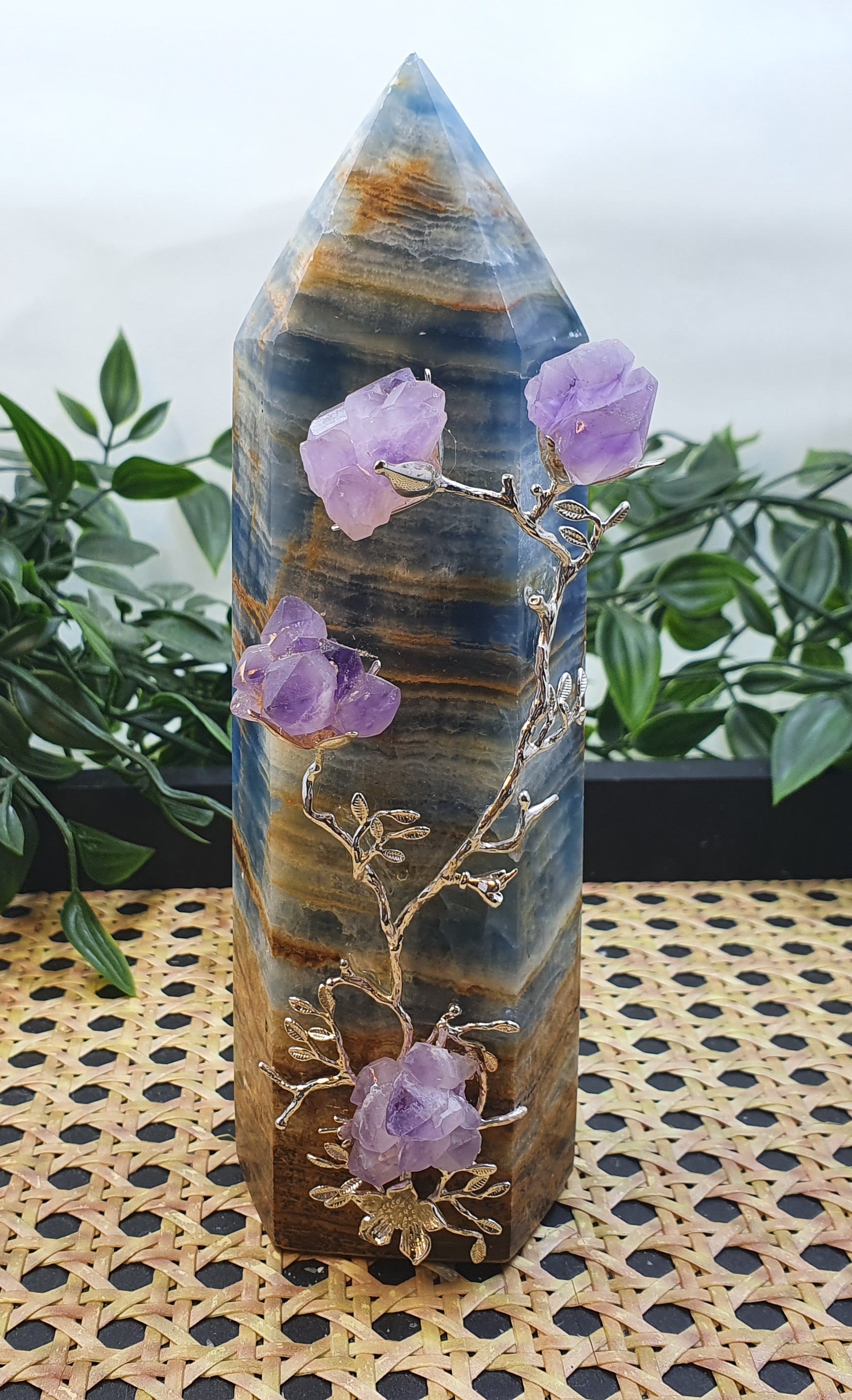 Blue Onyx Tower with Amethyst Flowers