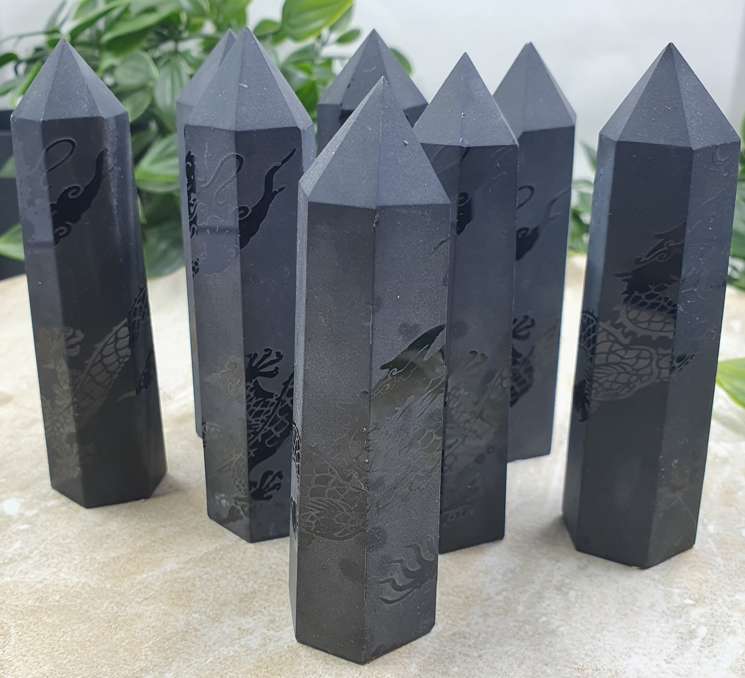 Black Tourmaline Etched Dragon Points