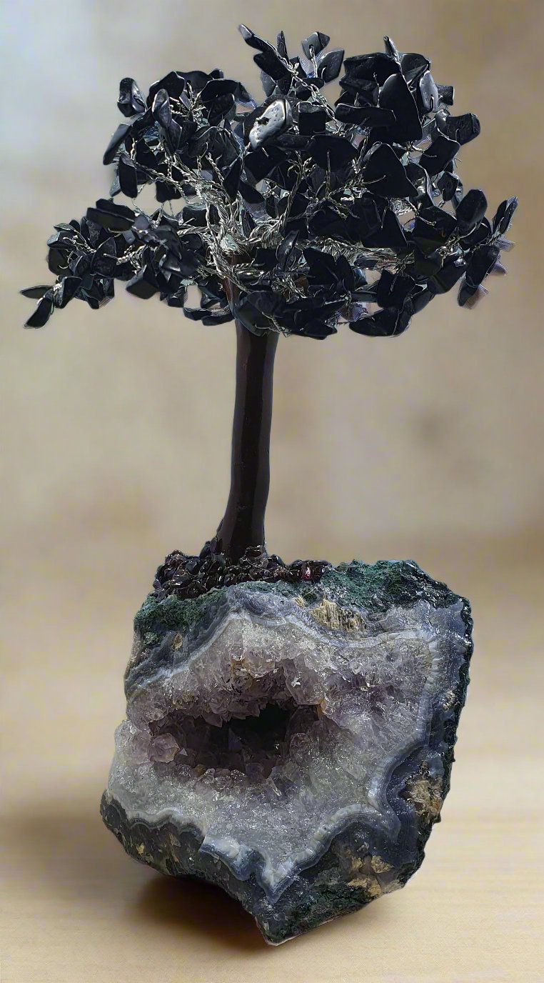 Black Obsidian on Amethyst Base Gem Tree