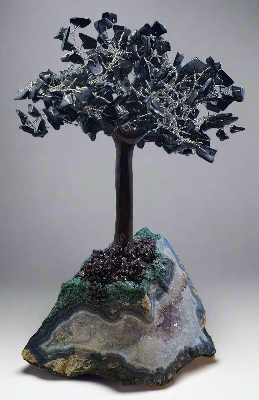 Black Obsidian on Amethyst Base Gem Tree
