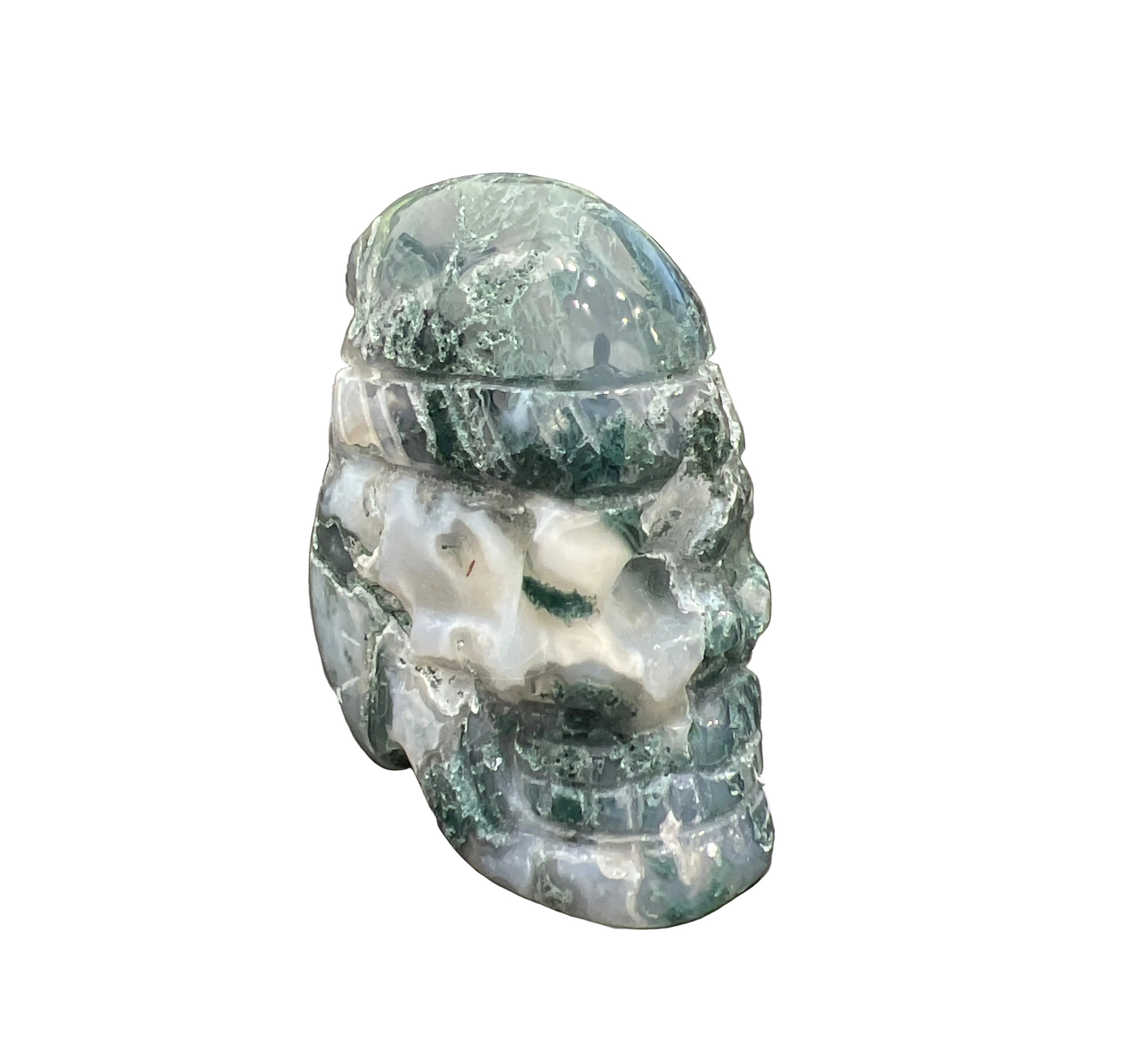 Moss Agate Skull with Xmas Hat