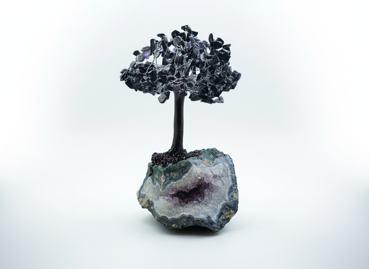 Black Obsidian on Amethyst Base Gem Tree