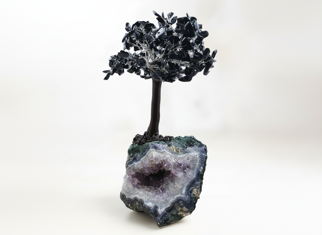 Black Obsidian on Amethyst Base Gem Tree